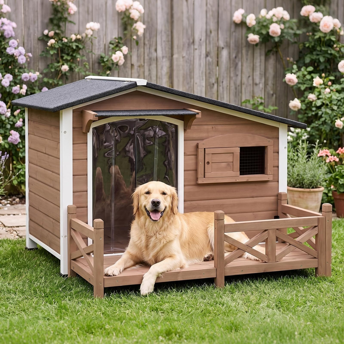 GUTINNEEN Heated Dog House Outdoor Insulated Dog House Weatherproof Dog Kennel with Thermostat-Controlled Heating Pad, 6-Sided Thermal Liner, Chew-Proof Metal Frame for Dogs