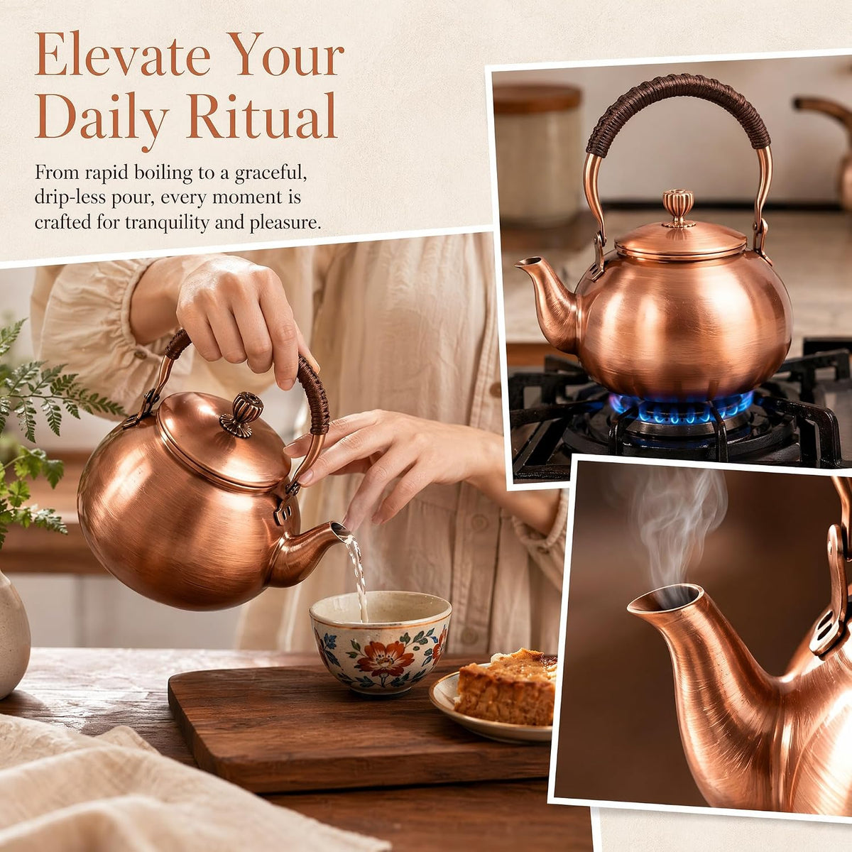 Handmade Copper Kettle 1200ML, Copper Stovetop Tea Kettle, Handmade Solid Copper Teapot with Stay-Cool Grip, Fast Boiling Gas Stove for Tea Ceremony Home Kitchen Use (1.3L-C)