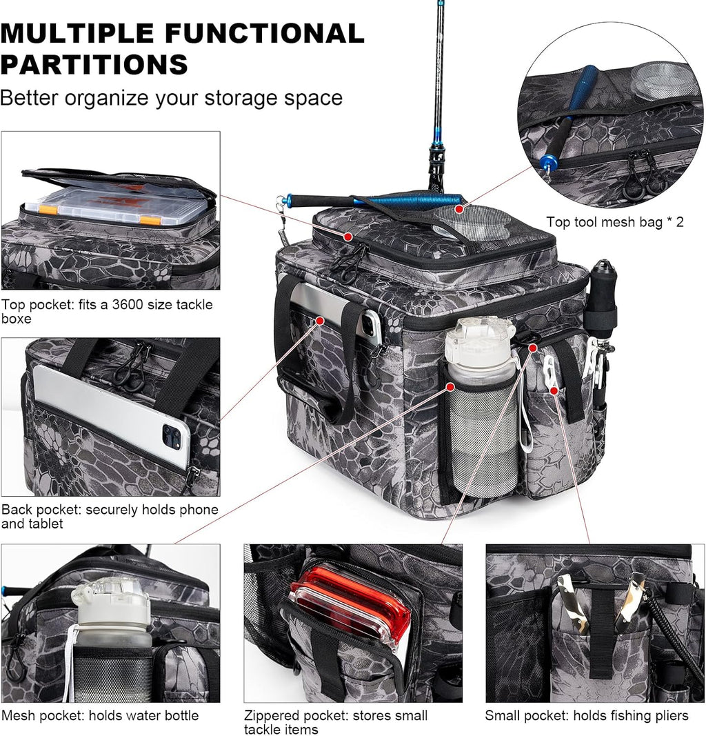 Rabjen Fishing Tackle Bag with Rod Holders & Cooler Main Compartment – Large Capacity Fishing Bag for Organized Gear Storage