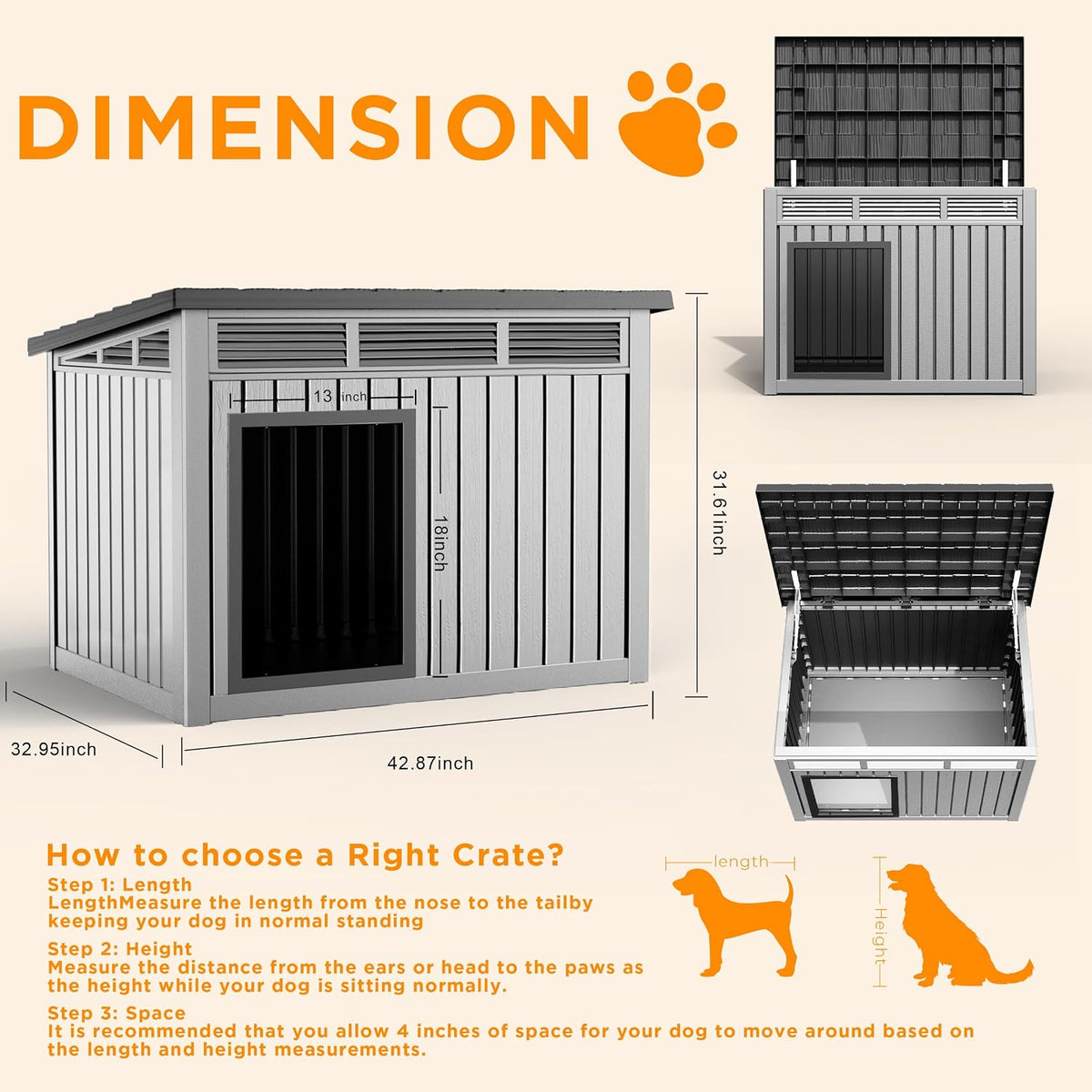 DRATO Large Dog House Outdoor for Indoor, Gray, 42.87 * 32.95 * 31.61 in