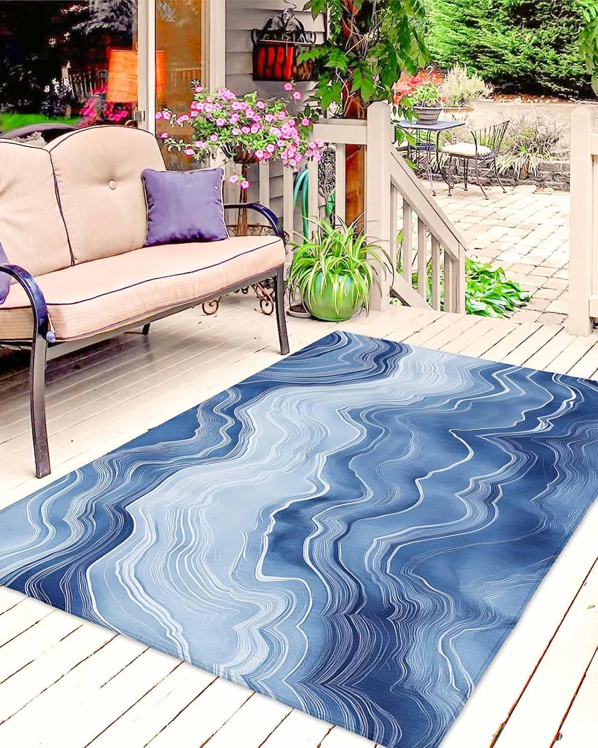 Abstract Ocean Wave Outdoor Rug 5x8ft, Waterproof Indoor Outdoor Rug for Patio, Watercolor Blue Camping Carpet Mat Outside Area Rug for RV Picnic Beach Balcony Deck Backyard