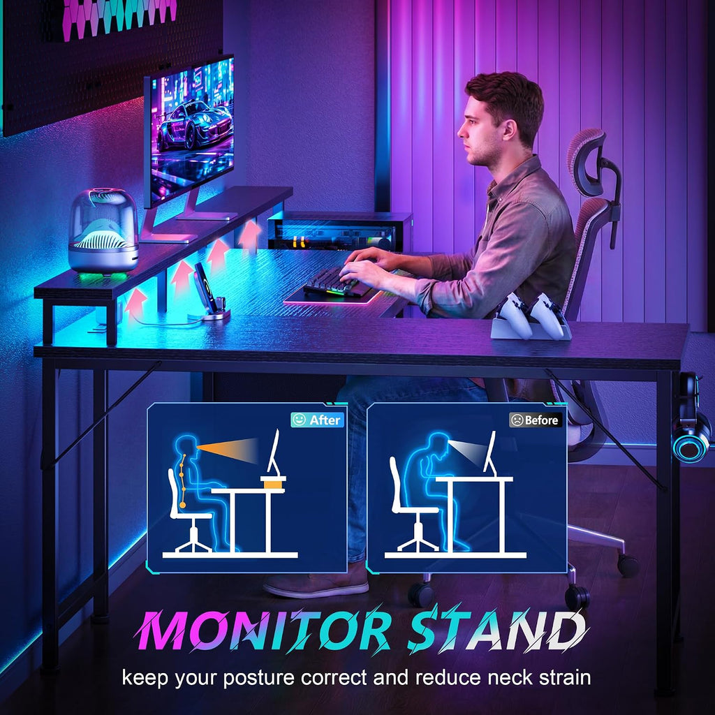 Korfile 66'' L Shaped Gaming Desk with Storage Drawers, Power Outlets, LED
