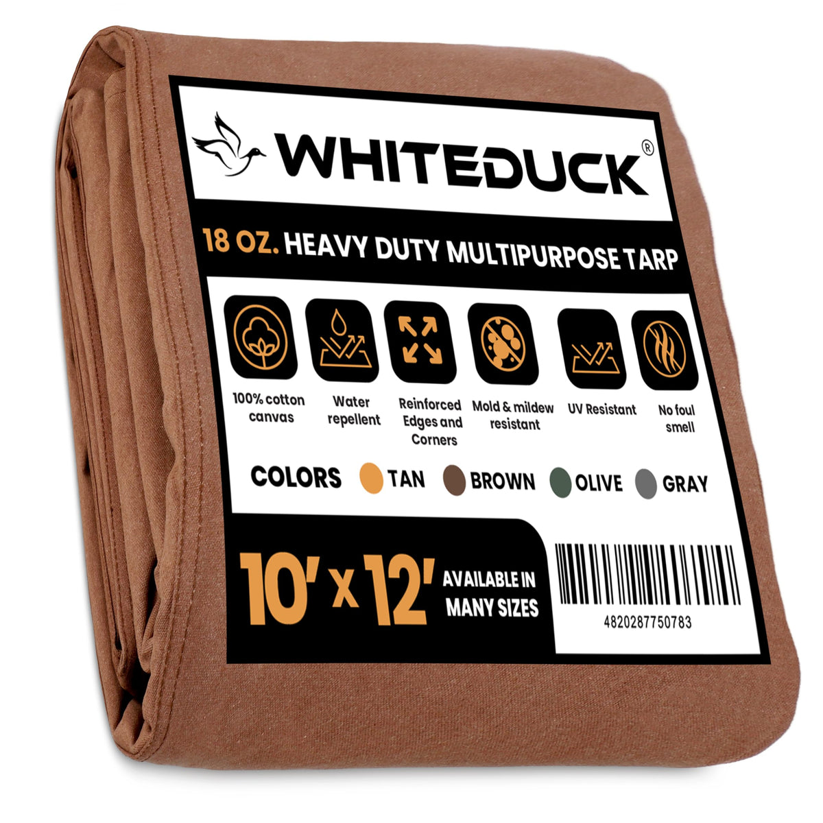 WHITEDUCK Canvas Tarp 18 oz. Heavy Duty Water Repellent UV Resistant, Rustproof Grommets, Industrial & Commercial Use Cloth Tarp (Cut Size: 8'x12', Finished Size: 7'6"x11'6", Olive Drab)