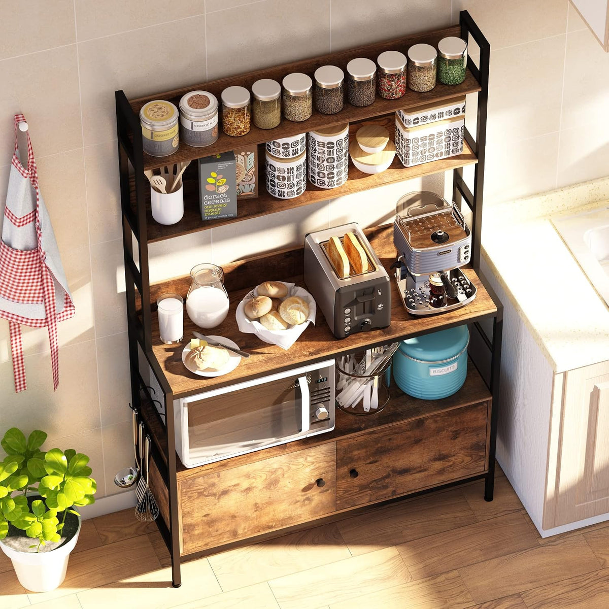 5-Tier Kitchen Bakers Rack with Storage,Industrial Microwave Oven Stand, Utility Storage Shelf,Free Standing Kitchen Utility Cart Storage Shelf Organizer with Hooks