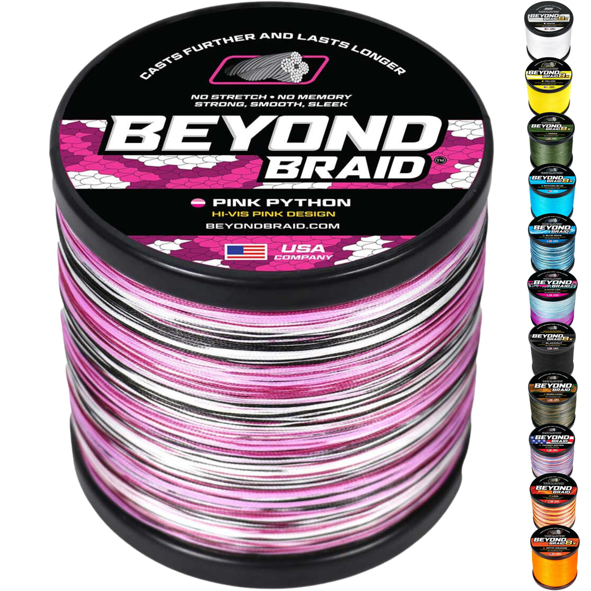 Beyond Braid Braided Fishing Line -Super Strong - Abrasion Resistant - No Stretch -Blue Camo, Moss Camo, White, Green, Pink, Blue, 4 Strand 8 Strand