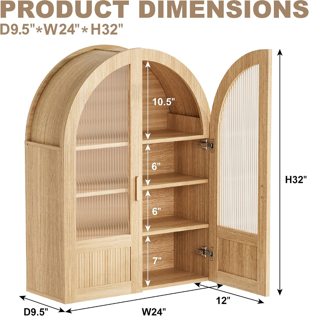 INNOD 4-Tier Arched Bathroom Wall Cabinet with Adjustable Wood Shelves, Over the Toilet Storage Cabinet with Acrylic Doors, Medicine Cabinet for Laundry Room & Living Room Kitchen (Natural Oak)