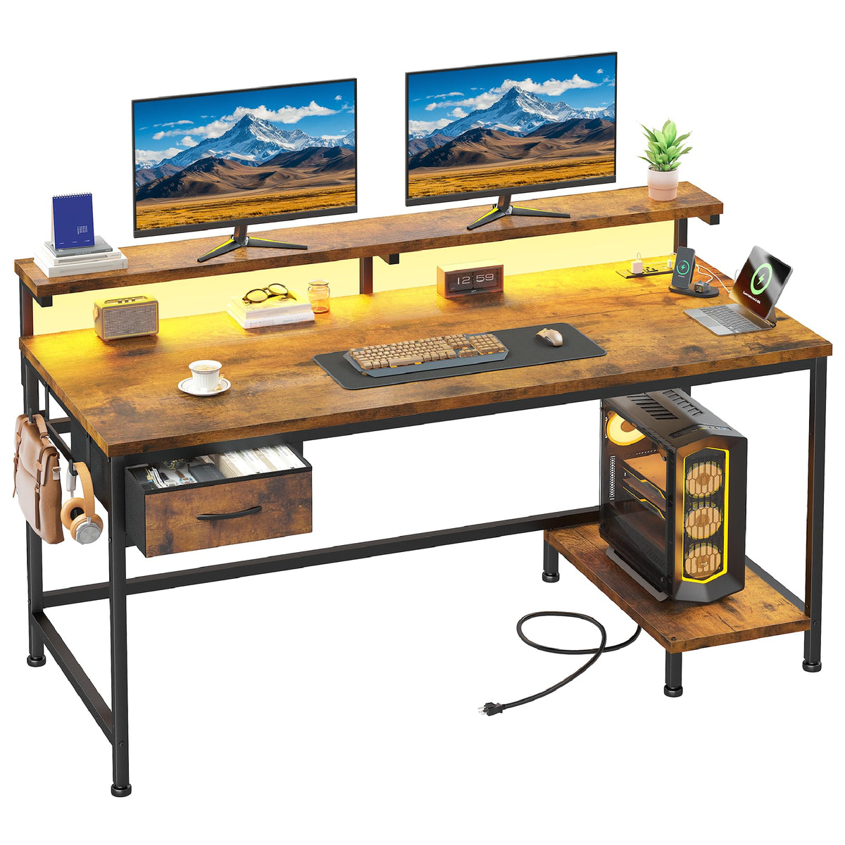DurayLoly 47.2" Gaming Desk with Power Outlet and LED Lights,Bedroom,Black