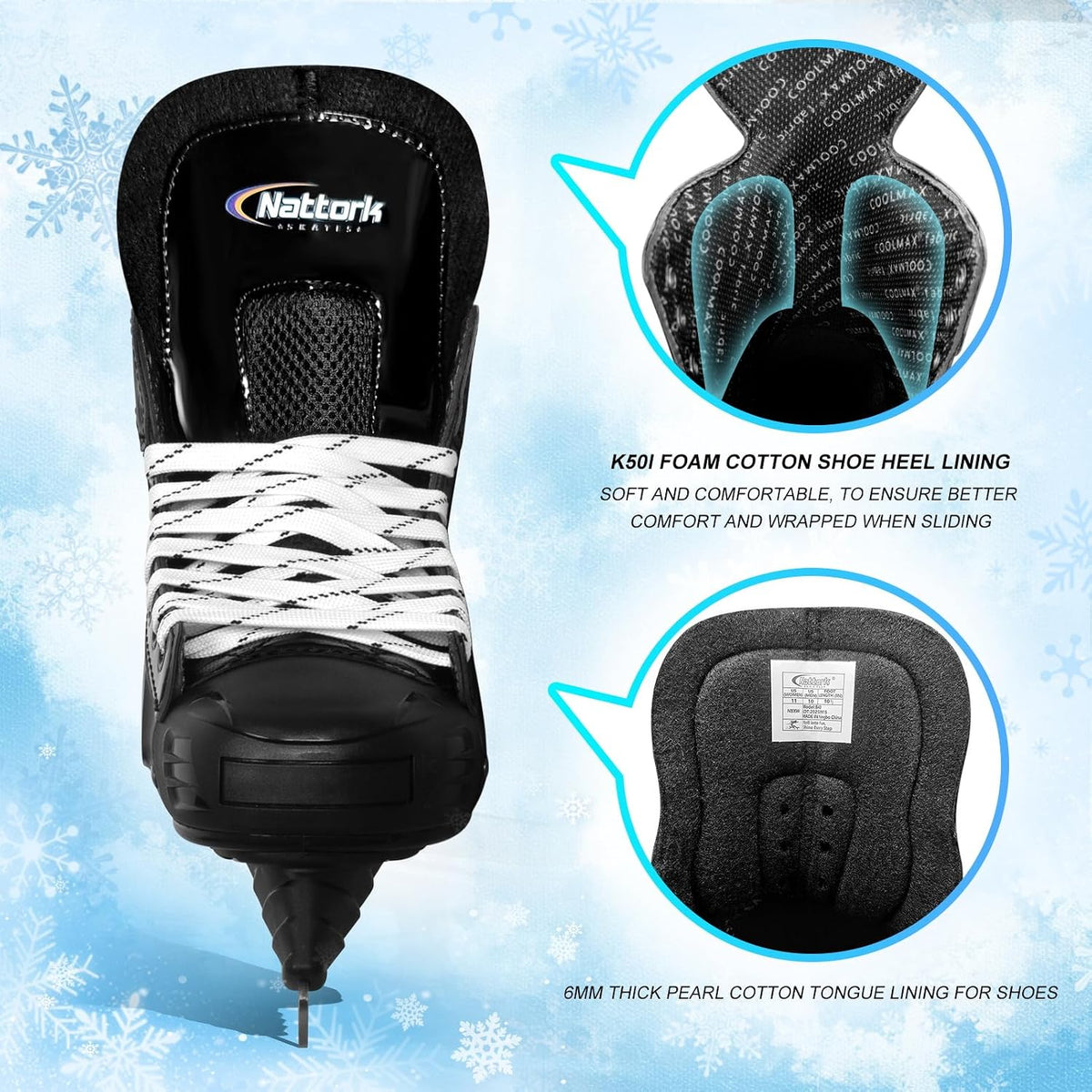 Nattork Ice Hockey Skates for Men, Women, Youth Stainless Steel Blades Lightweight & Durable for Superior Ankle Support and Agile Skating with Coolmax Fabric