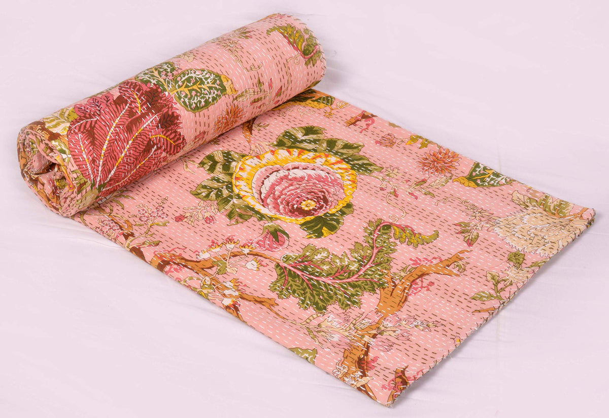 Indian Floral Print TwinQueen/King Size Kantha Quilt Kantha Blanket Bed Cover Kantha Bedspread Bohemian Bedding Kantha Blanket (Pink, Queen (U.S. Standard))