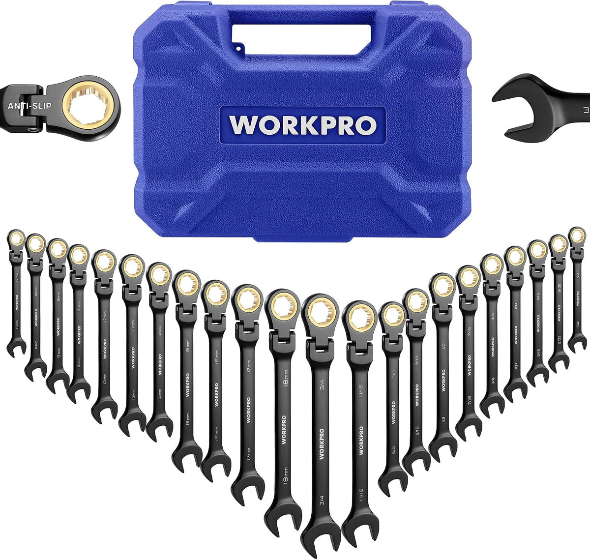 WORKPRO 22-piece Ratcheting Wrench Set with 180° Flex Head, Anti-Slip
