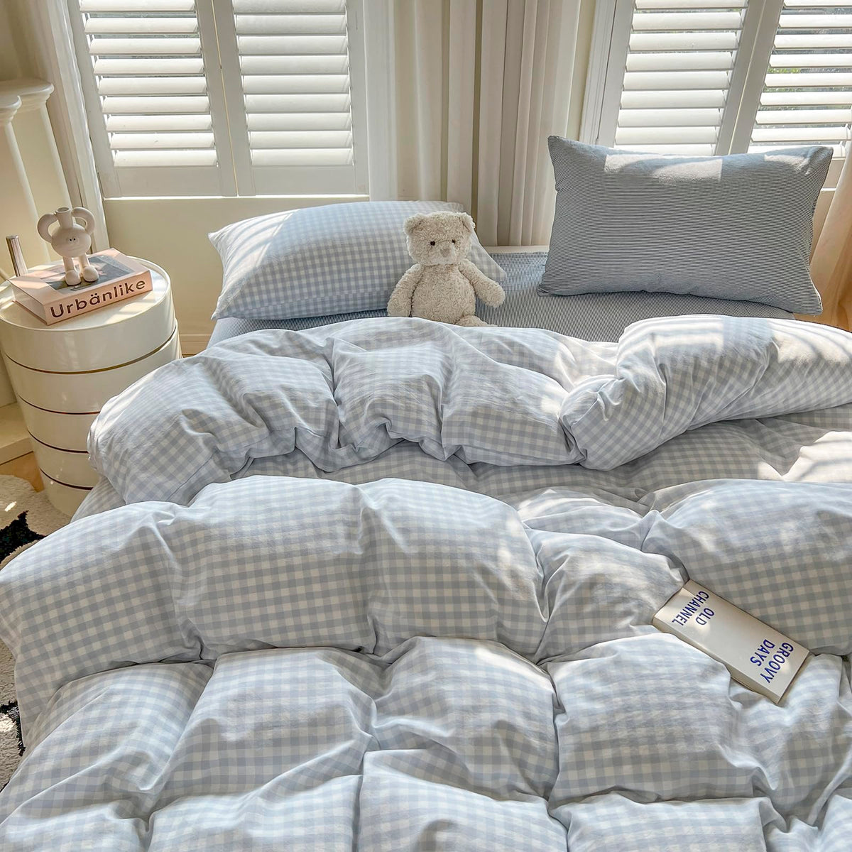 mixinni Vintage Buffalo Plaid Duvet Cover Set Queen Size - 3 Piece Washed Cotton Bedding Set with Grid Pattern, Soft & Breathable Duvet Cover with Pillowcases for All Seasons,(Brown & Blue,Beige)