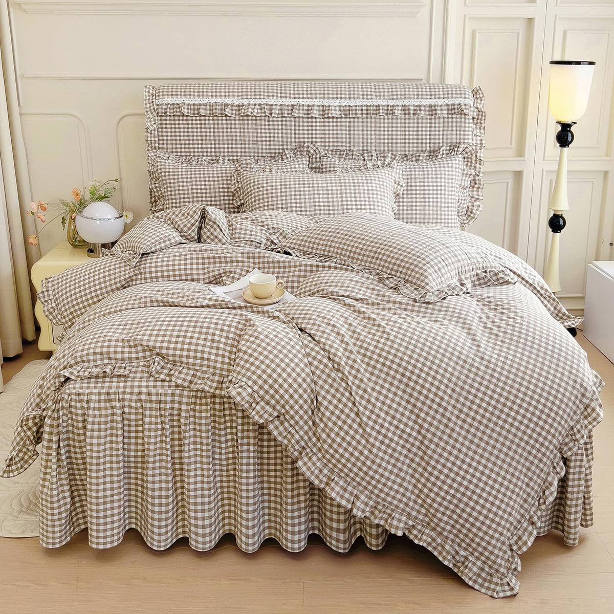 mixinni Vintage Buffalo Plaid Duvet Cover Set Queen Size - 3 Piece Washed Cotton Bedding Set with Grid Pattern, Soft & Breathable Duvet Cover with Pillowcases for All Seasons,(Brown & Blue,Beige)