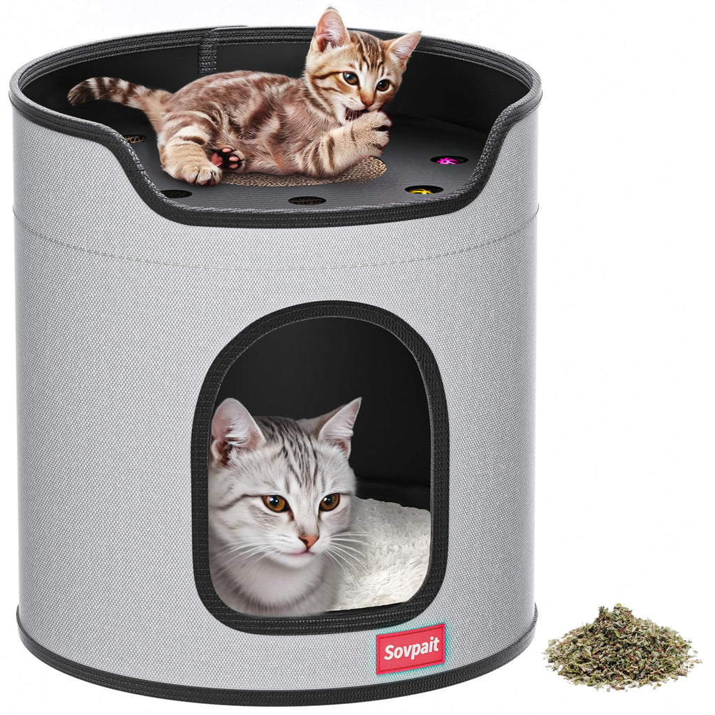 Cat House for Indoor Cats,Large Double Cat Beds Cave with Cat Scratcher Pad Toys w/Catnip,Soft Washable Cushion Cat House Shelter D15xH15in (Classy Grey Cardboard Cat Scratcher)