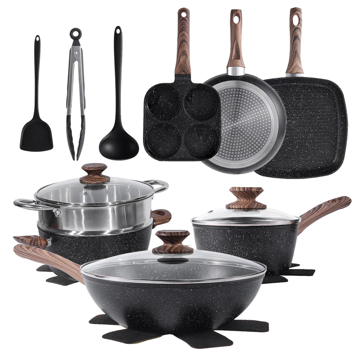 Simple Deluxe 12 Pcs Cookware Set, Non-Stick Pots and Pans Set, with Black Granite Texture and Detachable Handles, Resistant to High Temperatures, Oven Safe, PFAS and PFOA Free, Beige