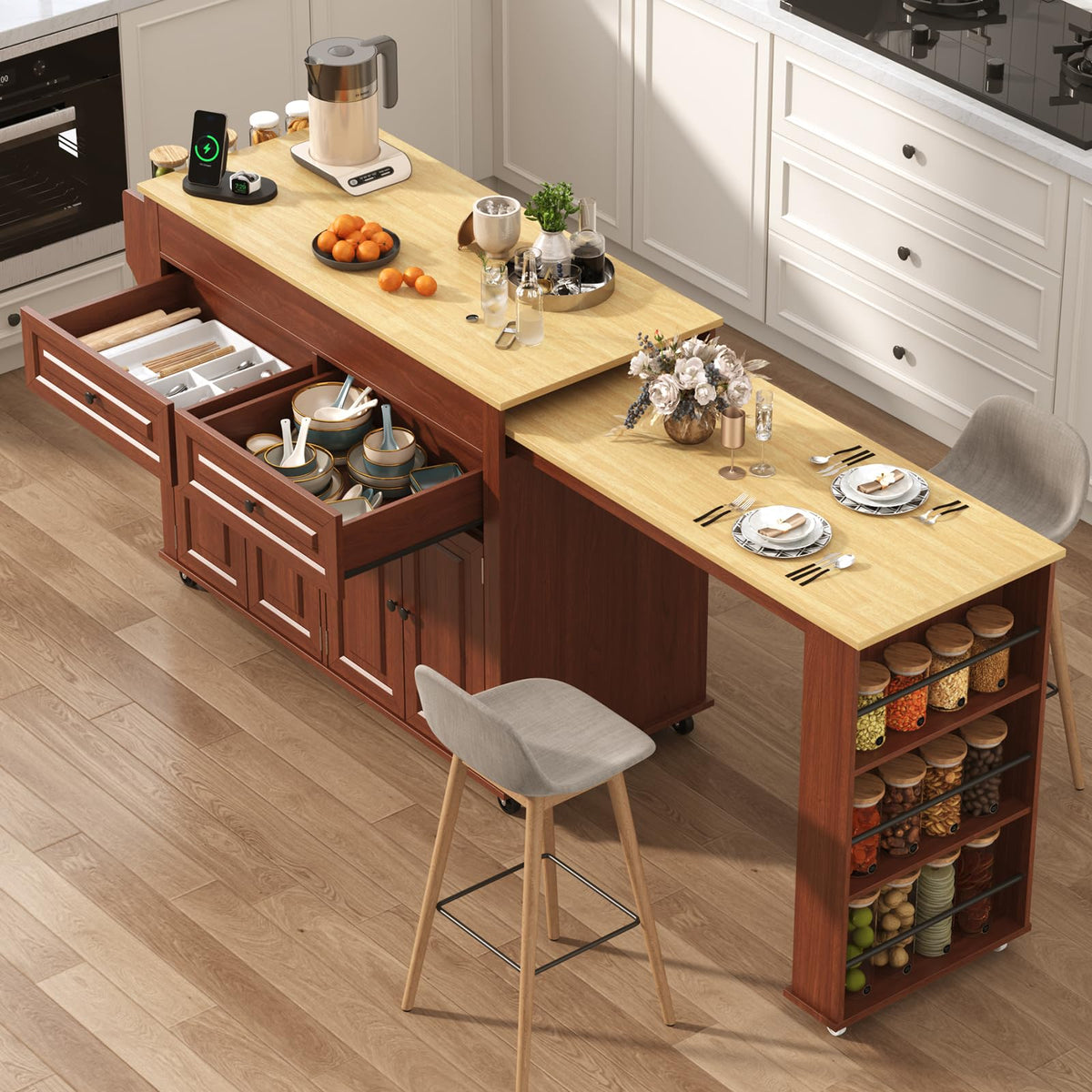80"-48" Extendable Kitchen Island with Extended Dining Table and Power Outlet,Large Mobile Kitchen Storage Islands with 2 Storage Drawers,Rolling Islands Cart with 3 Extra Rows Open Shelves(Marble Bl)