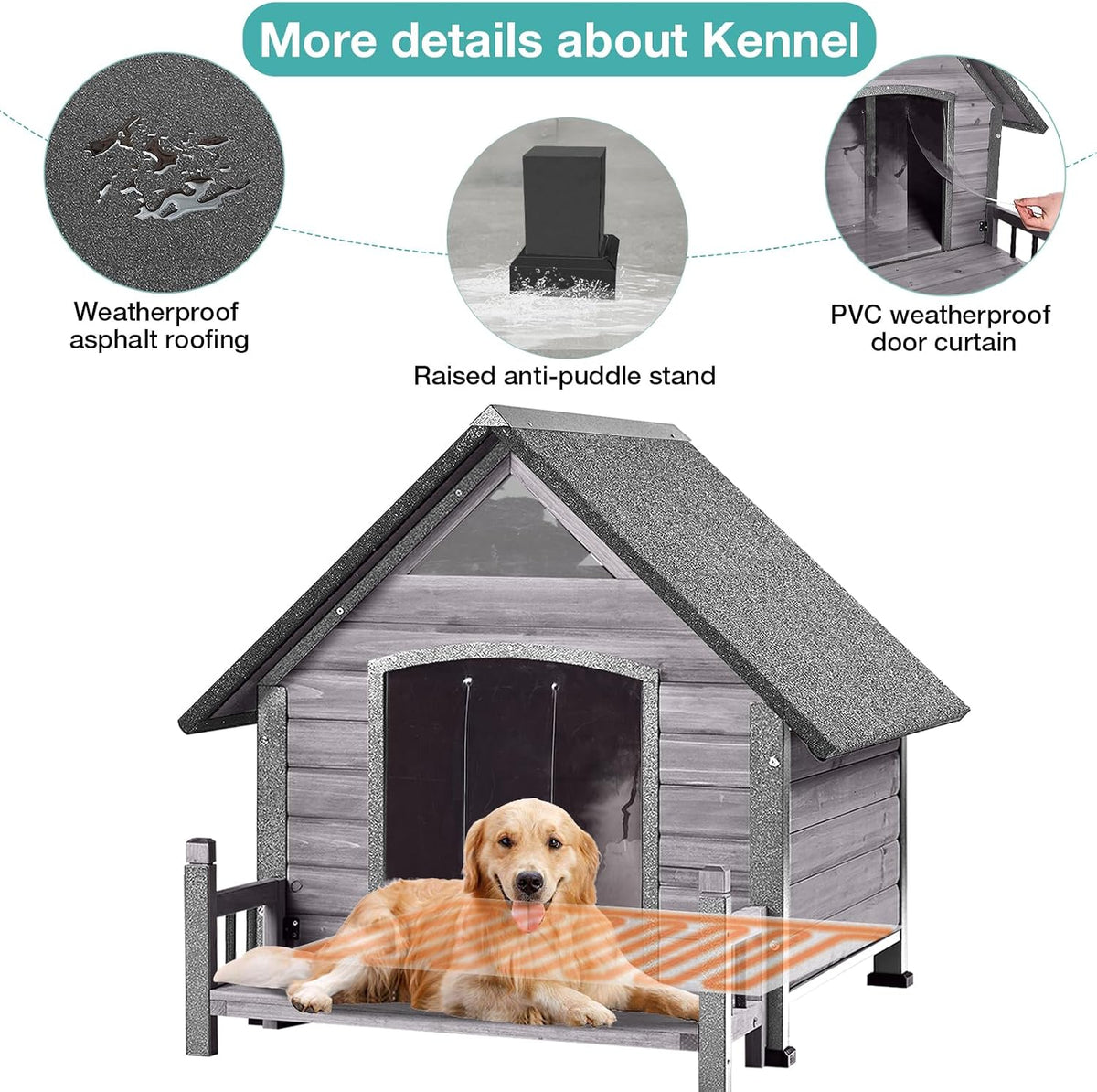 Dog House Outdoor, Insulated Dog Kennel Outside for Large Breed, 50.87" L Weatherproof Large Dog Shelter with Anti-Chewing Iron Frame (Grey-H, 45" D x 32.9" W x 32.6" H)