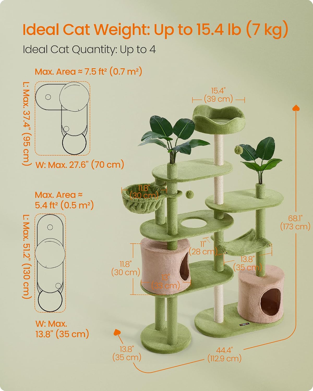 Feandrea Cat Tree, 68.1-Inch Multi-Level Plush Cat Tower, Artificial Leaves