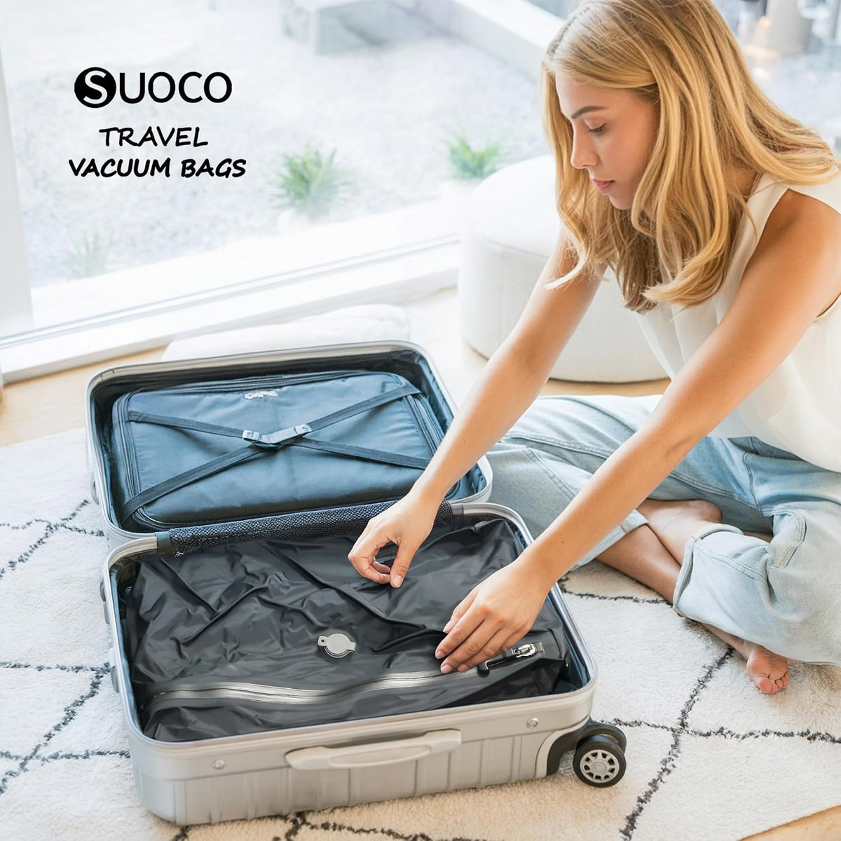 SUOCO Travel Pack Vacuum Kit, Vacuum Seal Bags for Clothing Travel with Cordless Pump, Carry-on Size Compression Packing Cubes for Luggage Suitcase Backpack, 4 Large