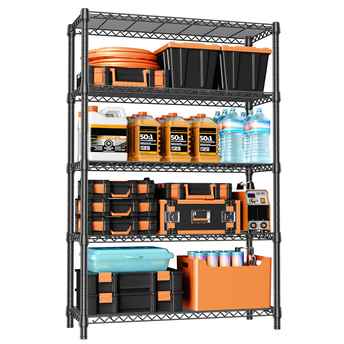 IZEUK 5-Tier Adjustable Heavy Duty Steel Wire Shelving Unit with Wheels, Storage Rack Organizer for Garage, Kitchen, Office, Laundry, Basement (Black, 17.7" D x 47.2" W x 76.7" H, 1750 lbs Capacity)
