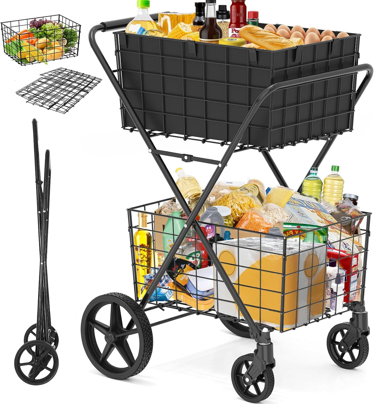 2-Tier Collapsible 400Lbs Heavy Duty Shopping Cart for Groceries
