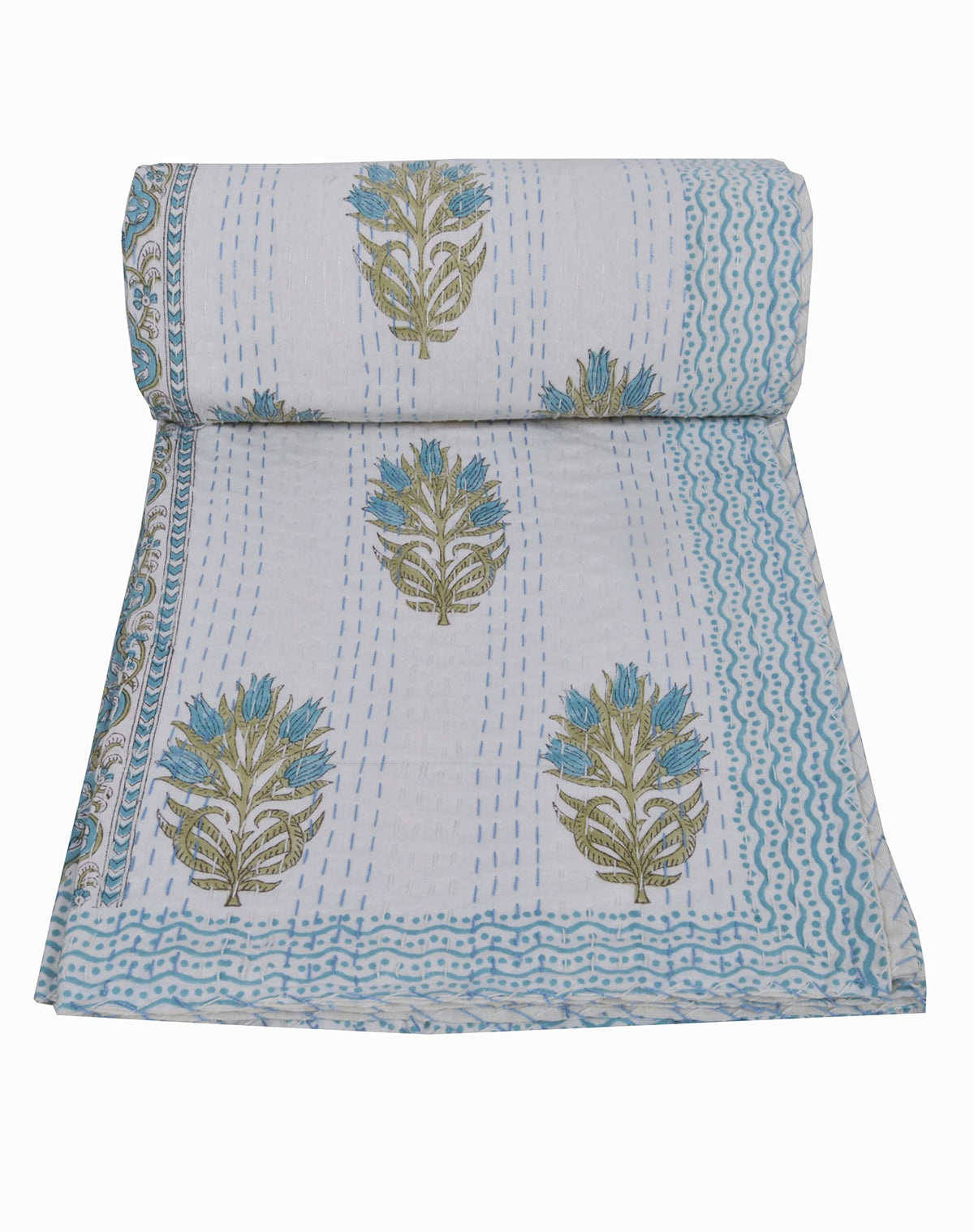 YUVANCRAFTS Indian Block Print Kantha Quilt Queen Size 90 x 108 Inch White 6-100% Cotton Bedspread Blanket Bed Cover Throw Vintage Boho
