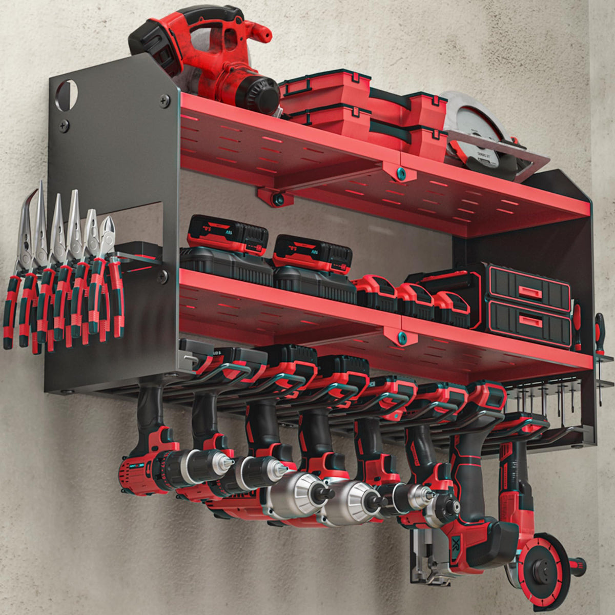 YYR Power Tool Organizer with Charging Station Wall Mount, Cordless Drill and Battery Holder for Garage Organization, Electric Tools Storage Rack Build in Surge Protection Power Strip - Red Shelf