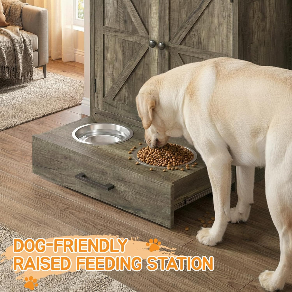 Dog Feeding Station with Storage Cabinet, Raised 2 Elevated Dog Bowls with Hidden Drawer, Pet Feeding Station with Storage, Dog Food Storage Cabinet with 3 Side Hooks, Pet Storage Station