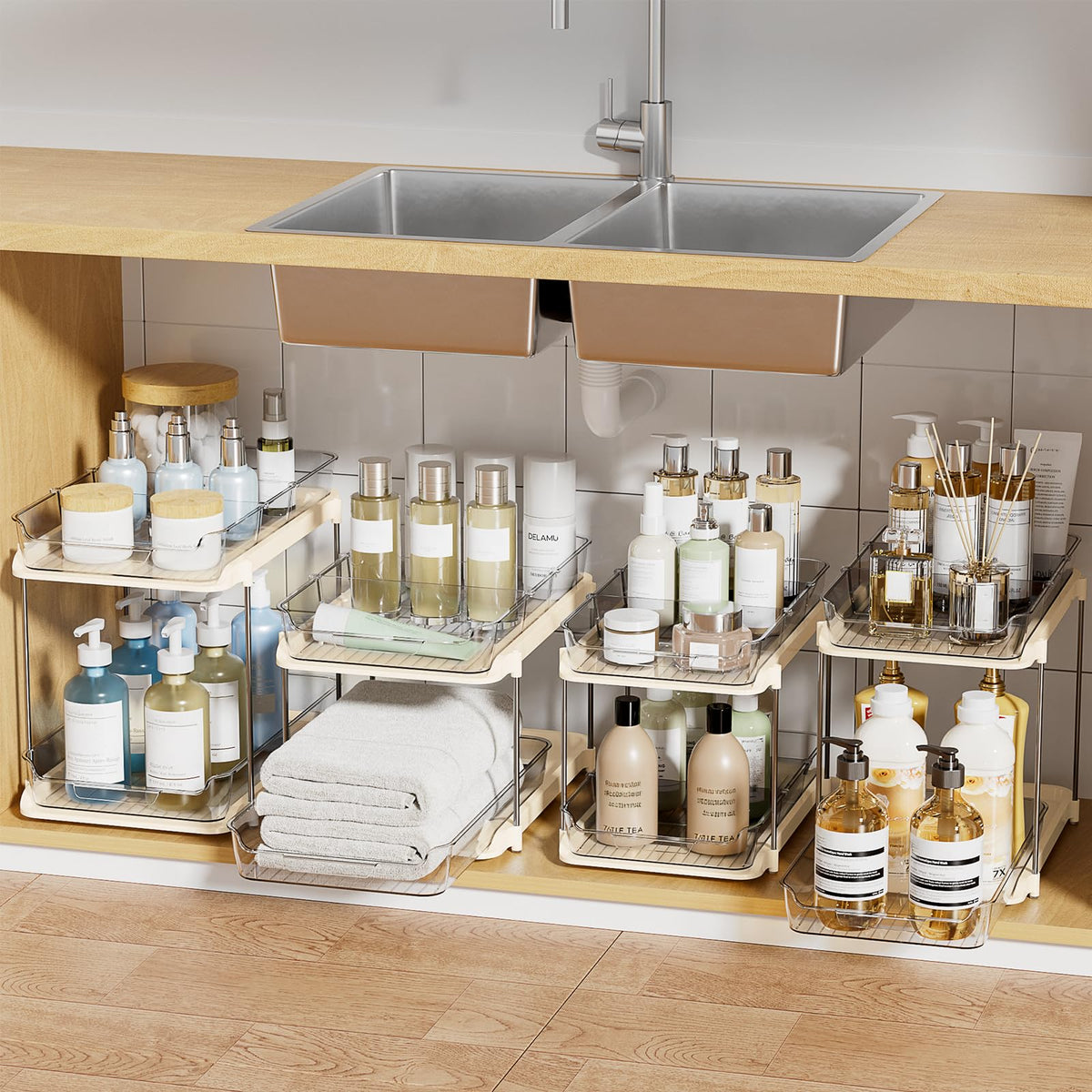Delamu 2-Tier Multi-Purpose Bathroom Under Sink Organizers and Storage, Stackable Kitchen Pantry Organization, Pull Out Medicine Cabinet Organizer with Movable Dividers, White, 4Pack