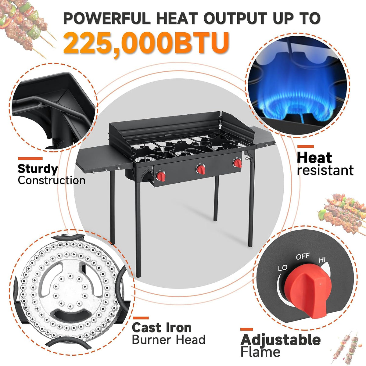 3 Burner Propane Burner, Outdoor Camping Stove, 225,000 BTU