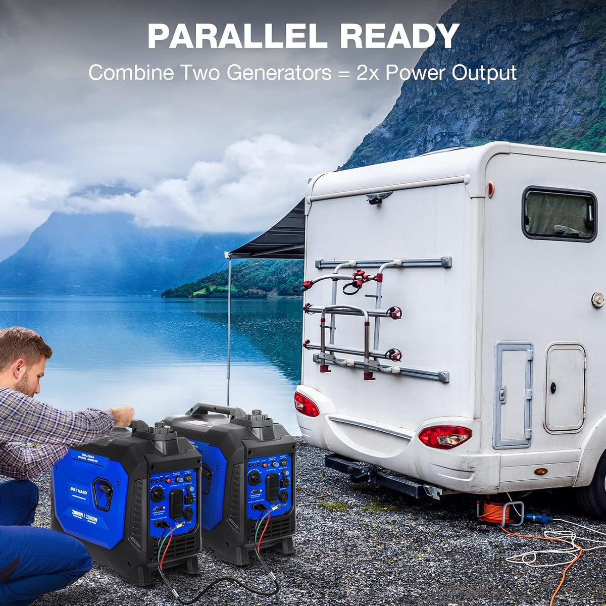 BILT HARD Gas Generator 2500W, 80cc 4 Stroke Quiet Inverter Generator with CO Sensor, Parallel Ready,120V AC Duplex Receptacle and 12V DC Output, Outdoor Generators for Camping, Home Use, 49-State