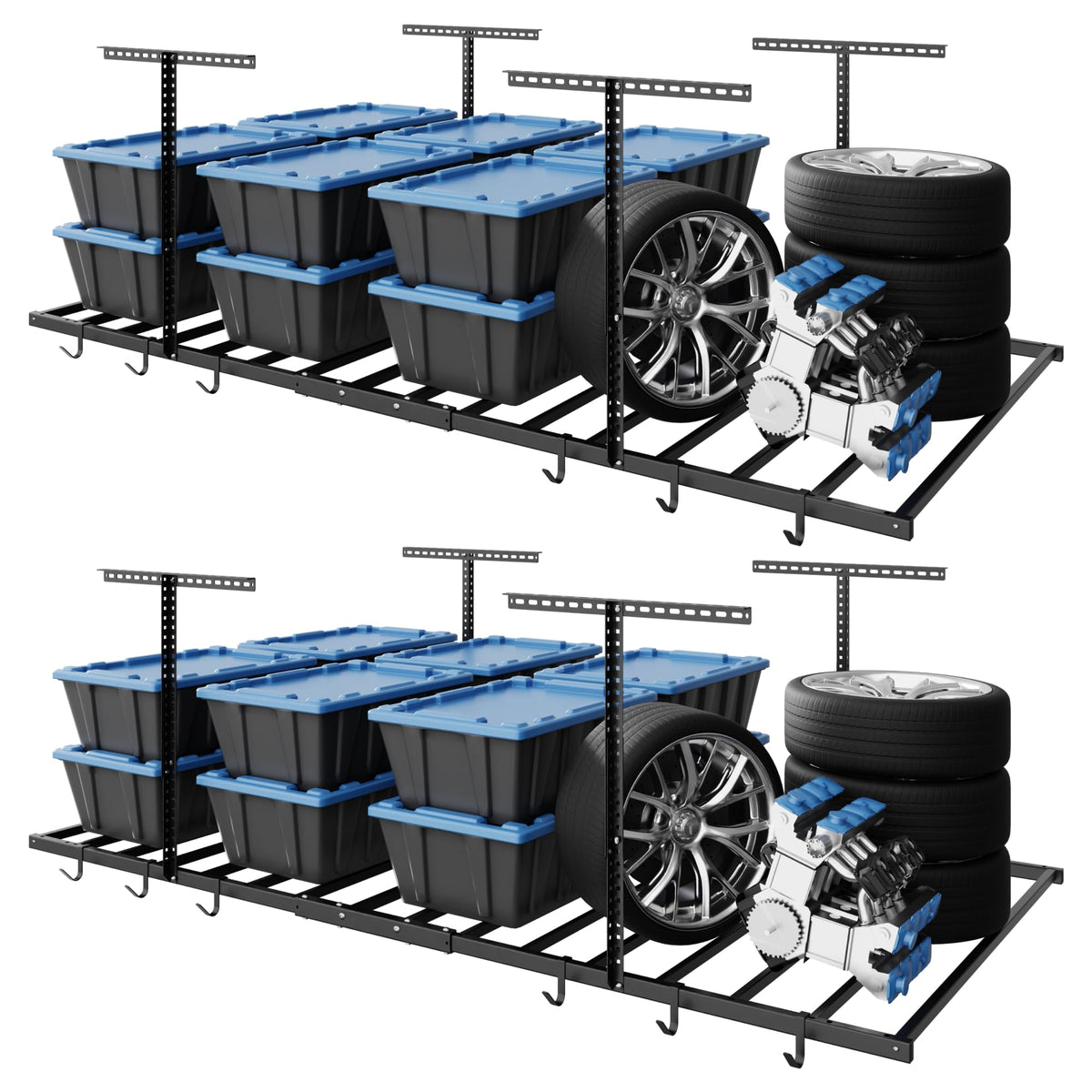 FLEXIMOUNTS 4x8 Overhead Garage Ceiling Storage Rack with 6 Hooks, Black