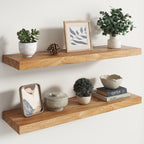 Live Edge Elm Floating Shelves - 24 In Rustic Solid Wood Shelves with Heavy-Duty Invisible Bracket, Wall-Mounted Wooden Shelf for Living Room, Bathroom, Kitchen Storage & Display, Set of 2, Natural