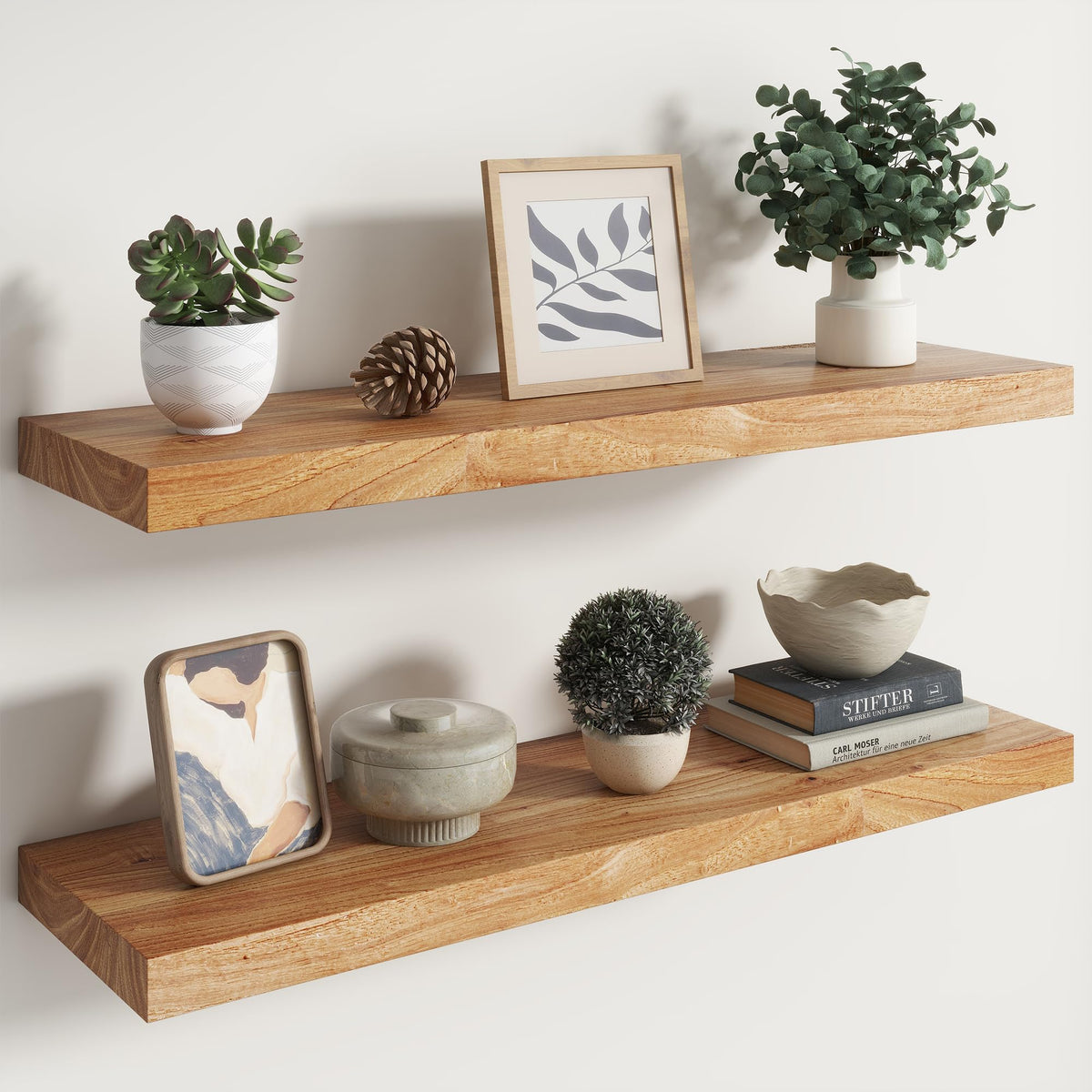 Live Edge Elm Floating Shelves - 24 In Rustic Solid Wood Shelves with Heavy-Duty Invisible Bracket, Wall-Mounted Wooden Shelf for Living Room, Bathroom, Kitchen Storage & Display, Set of 2, Natural