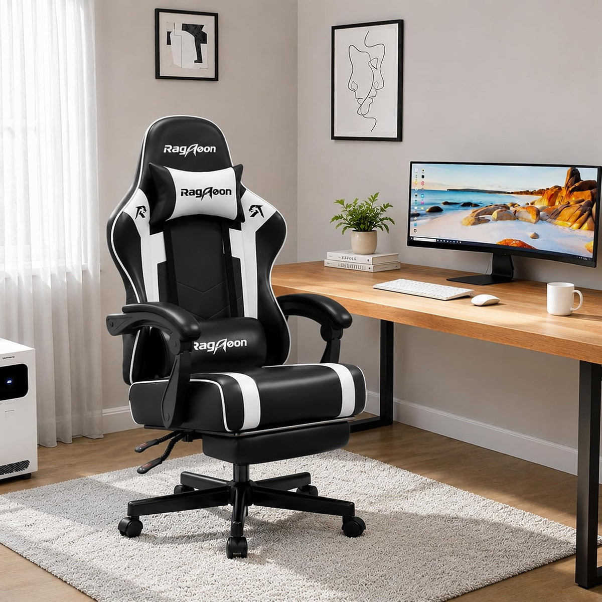 Video Gaming Chair for Adults with Footrest, Ergonomic PC Chair,Jet Black