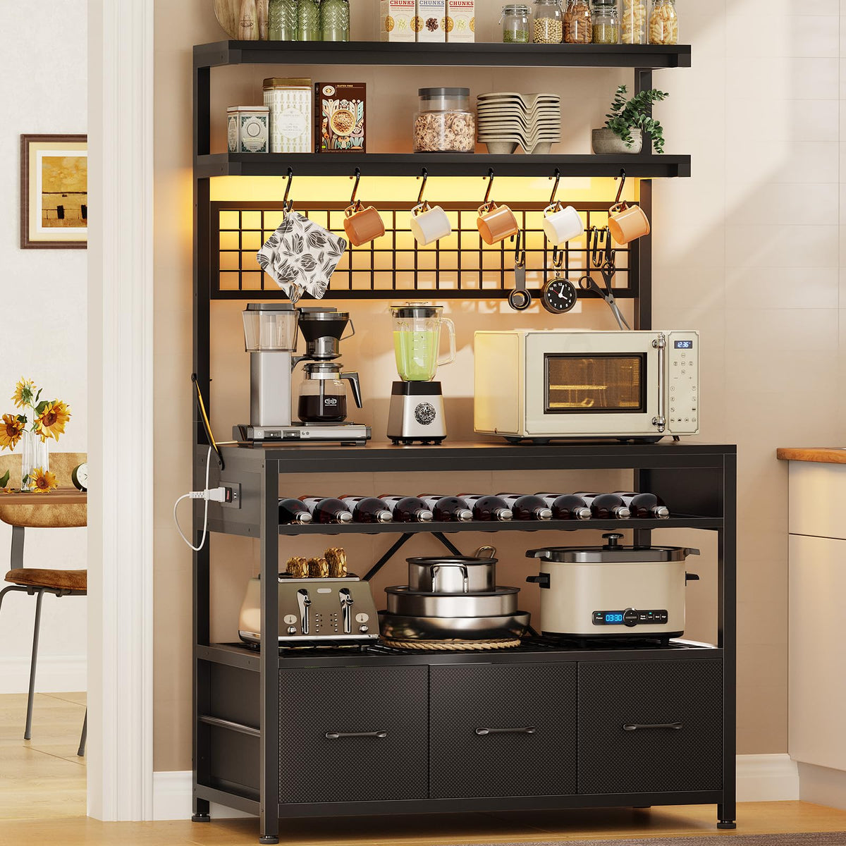 Itaar Bakers Rack with Storage and Power Outlet, 35.4 inch Coffee Bar Cabinet, Microwave Stand Kitchen Cabinet with Hutch, LED Lights, Wine Rack and Hooks, Rustic Brown