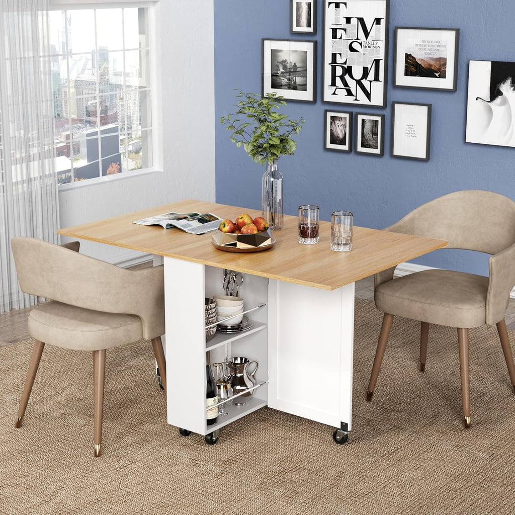 Folding Dining Table, Space Saving Kitchen Table with 6 Wheels(Light Brown)