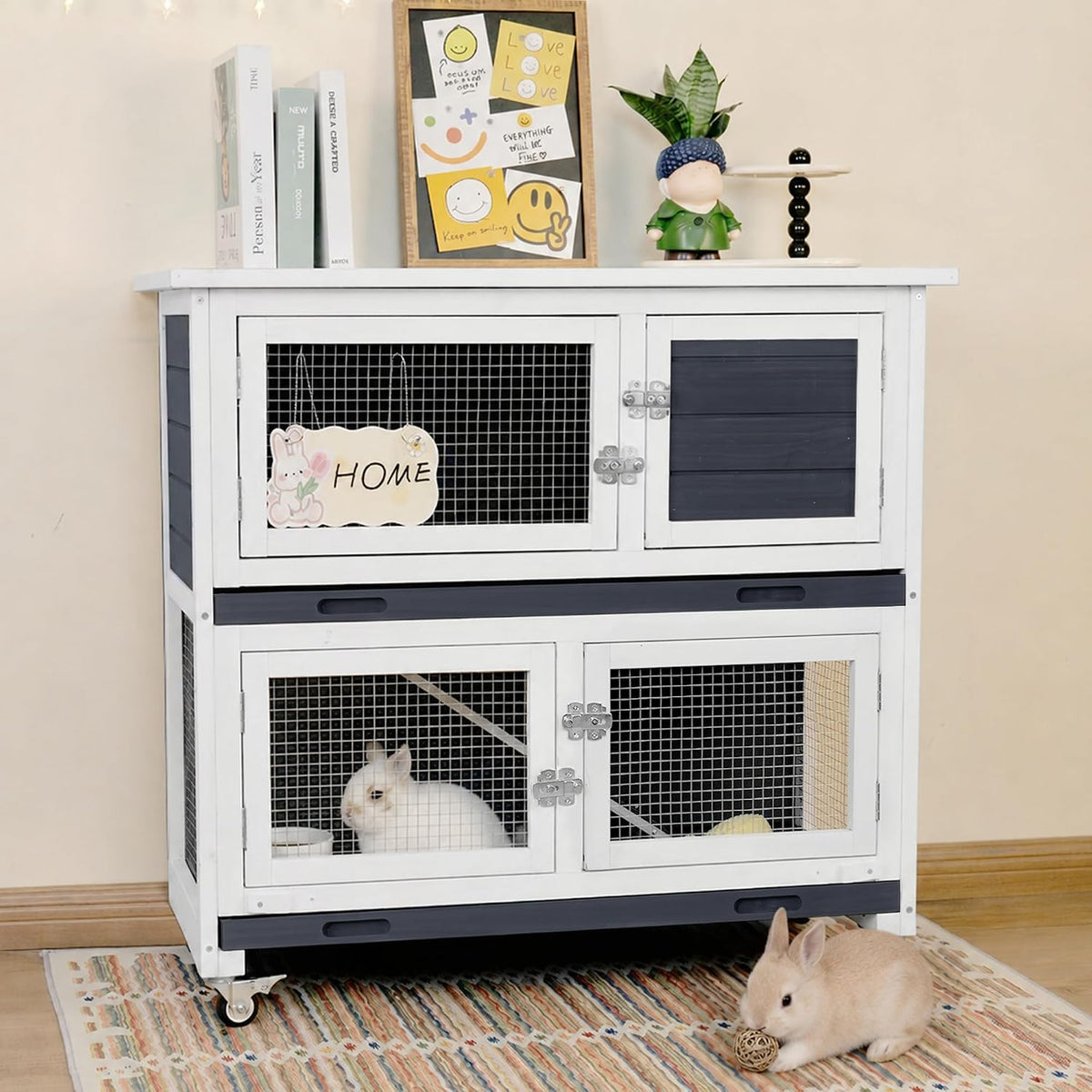 2-Story Indoor Rabbit Hutch with Flat-Top Metal Roof, Wheels & Dual Trays