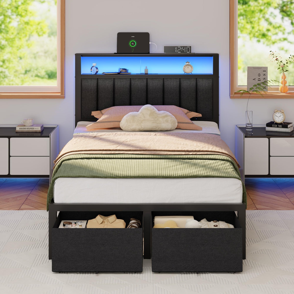 Furnulem Twin Bed Frames with Storage Drawers and Upholstered Headboard