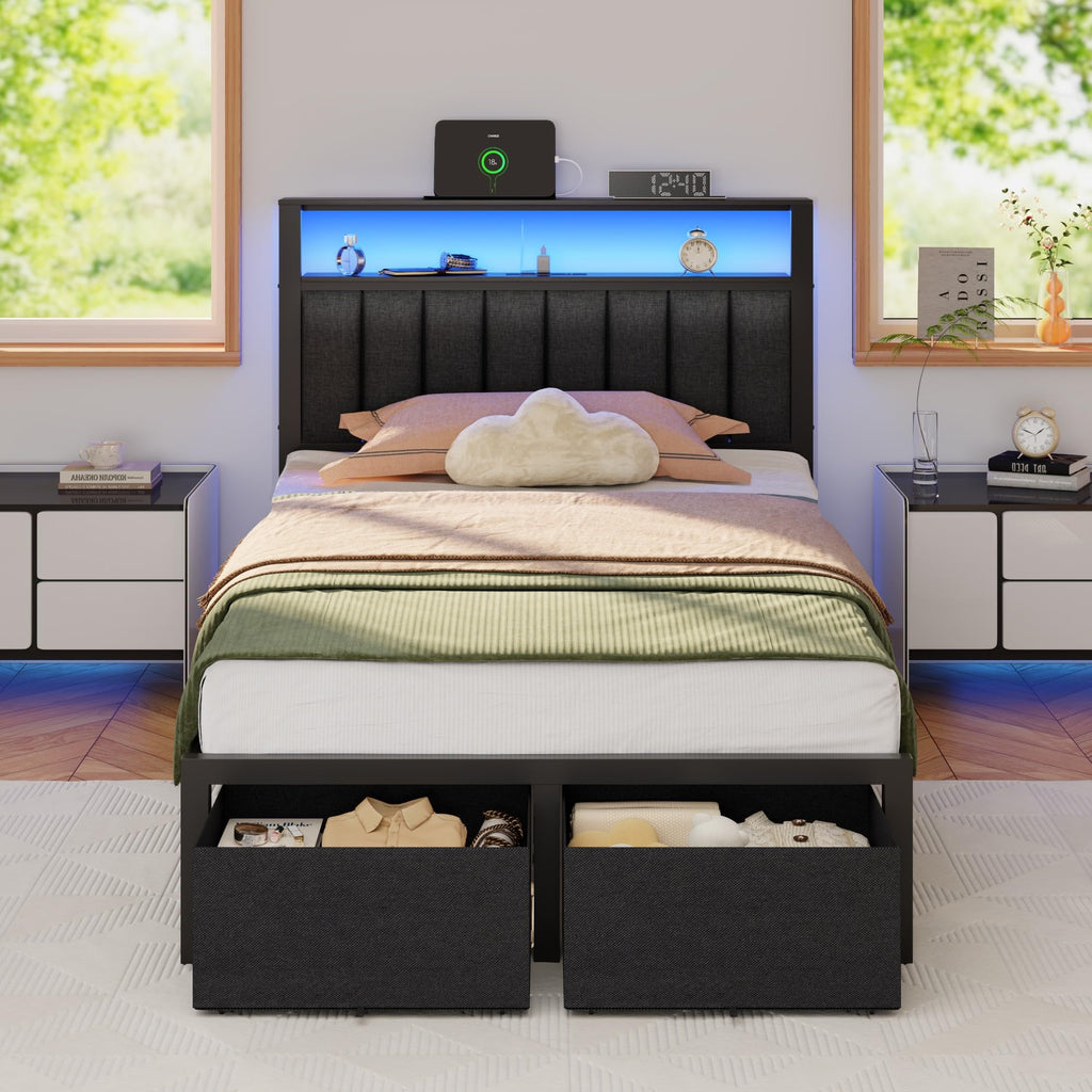 Furnulem Queen Bed Frame with Storage Drawers and Upholstered Headboard