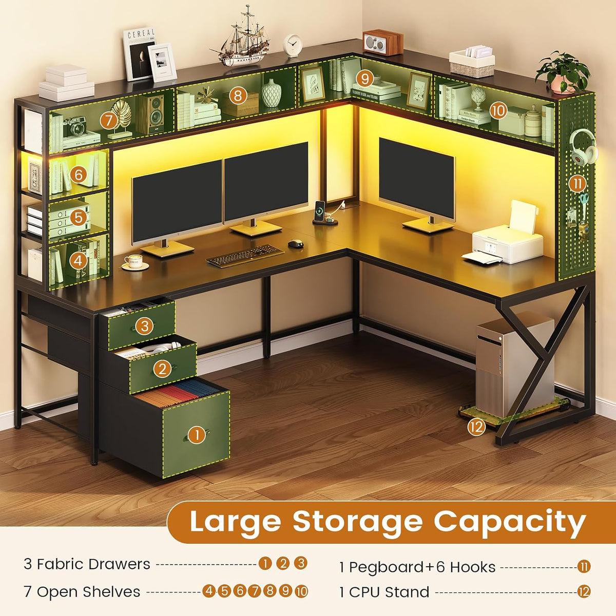 SEDETA L Shaped Gaming Desk with Storage Shelves, Hutch, Drawers