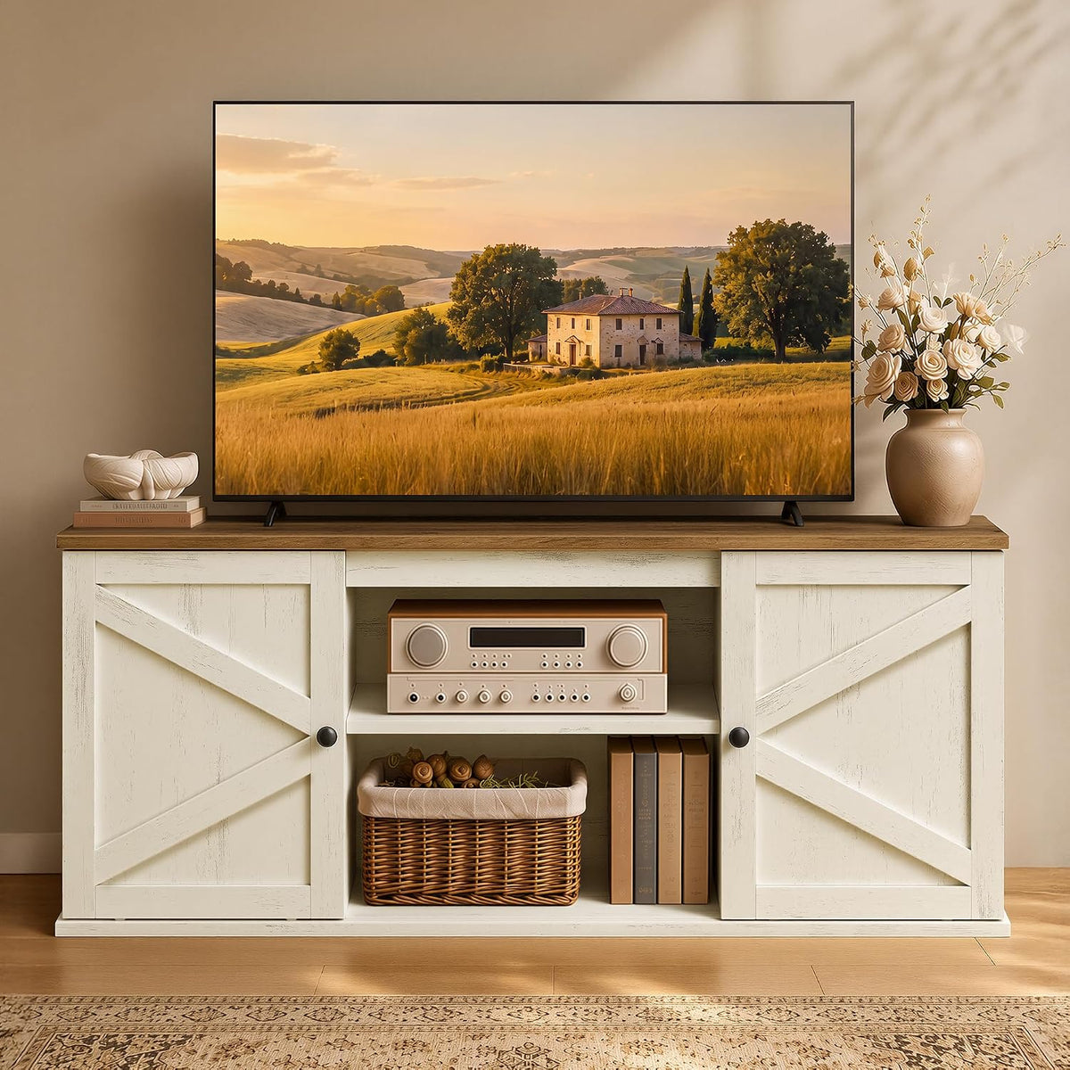 VASAGLE Farmhouse TV Stand for 65'' TV, Media Console, Sliding Barn Doors