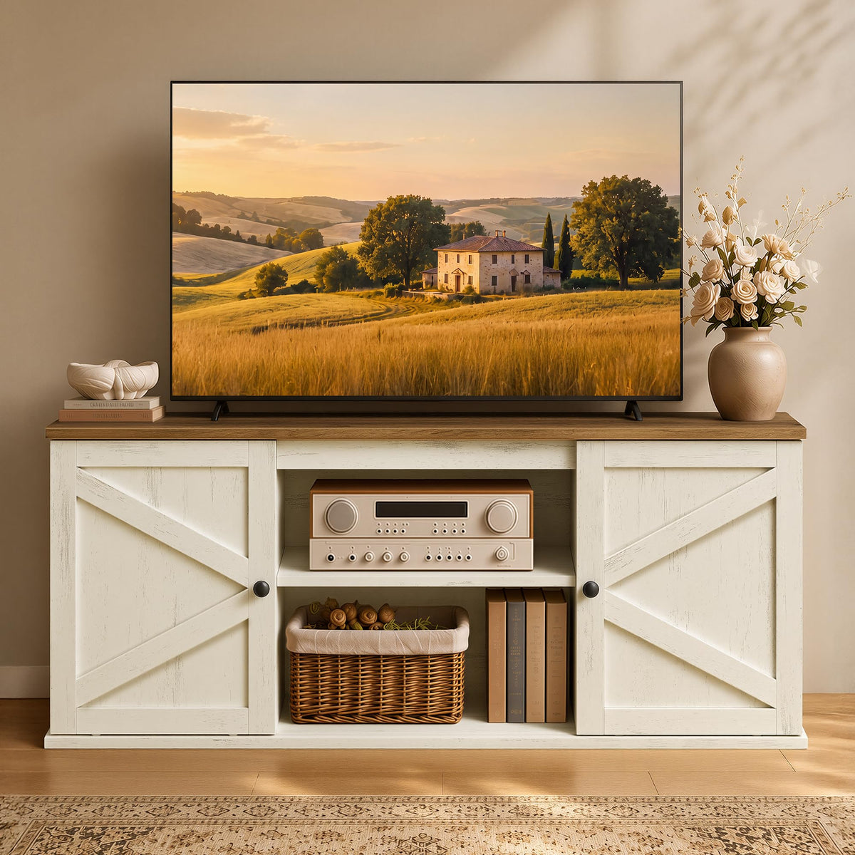VASAGLE Farmhouse TV Stand for 65'' TV, Media Console, Sliding Barn Doors