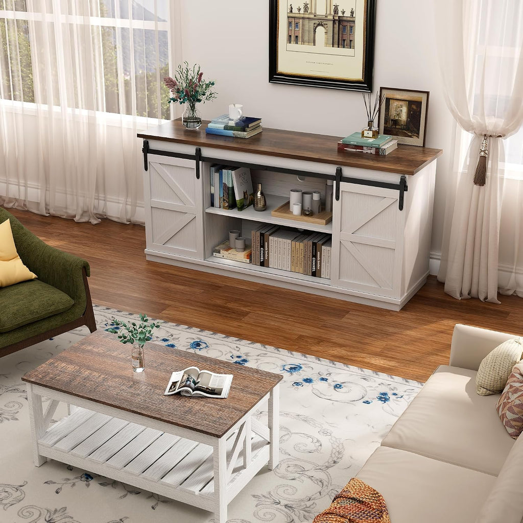 YESHOMY 58" Farmhouse TV Stand for TVs up to 65", Sliding Barn Doors, White