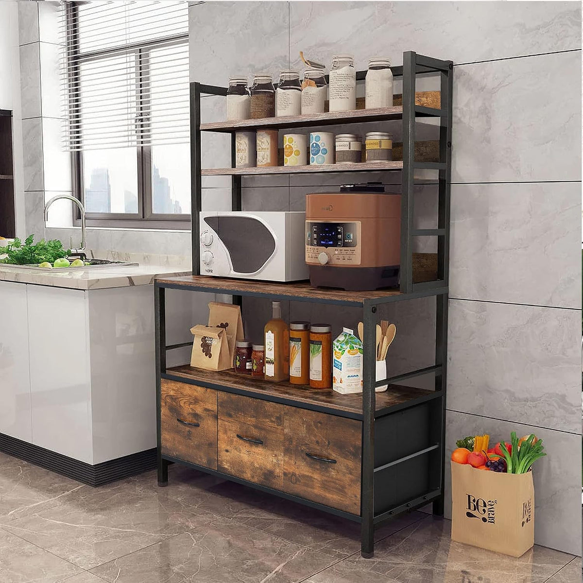 Kitchen Bakers Rack with Baskets,5-Tier Free Standing Storage Shelf Rack,Industrial Microwave Oven Stand,Metal Kitchen Rack Organizer with Hooks