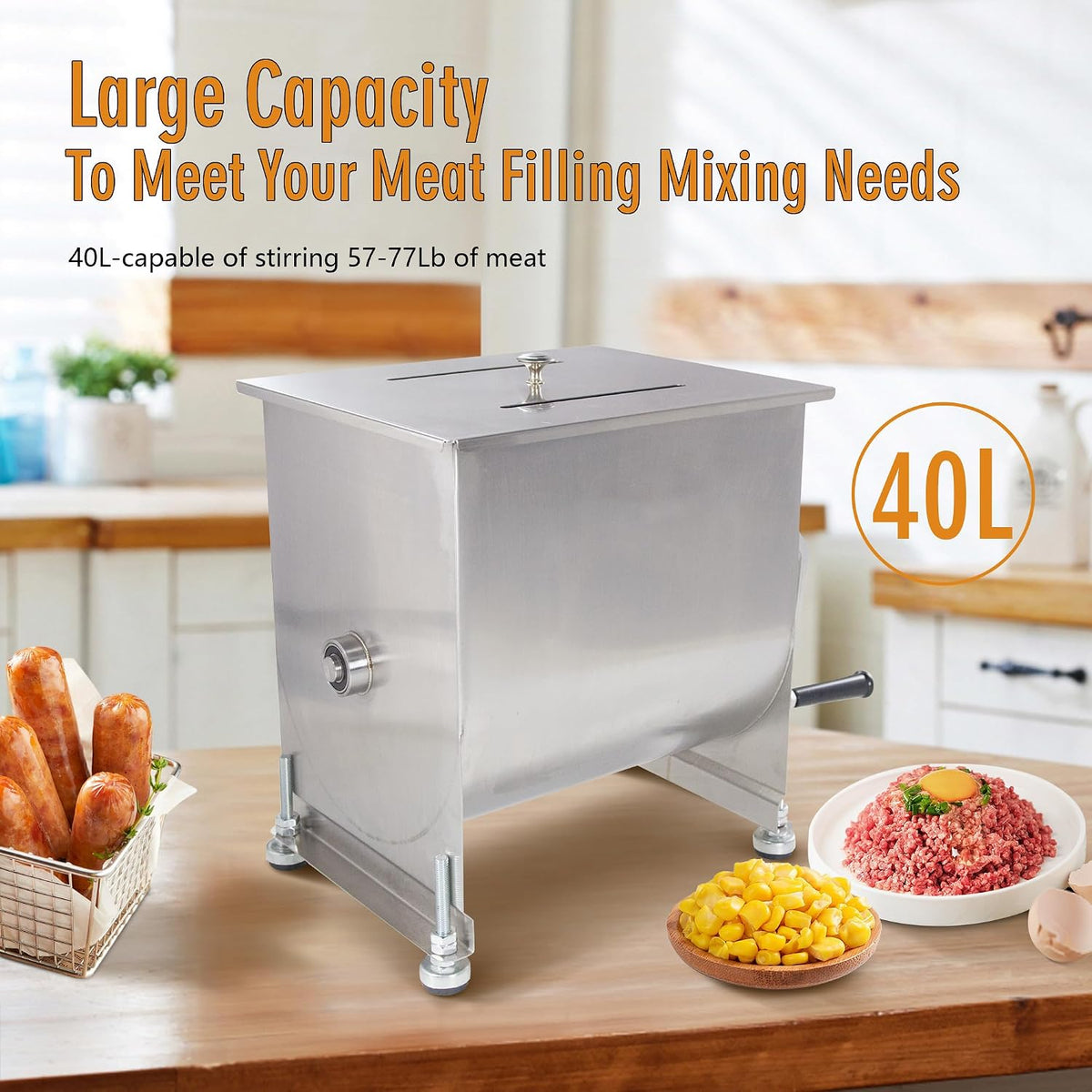 Clivia Commercial Stainless Steel Manual Meat Mixers with lid,80Lb/40L Tank,(Mixing Maximum 15-Pound for Meat),Sausage Mixer Machine Meat Processing Equipment