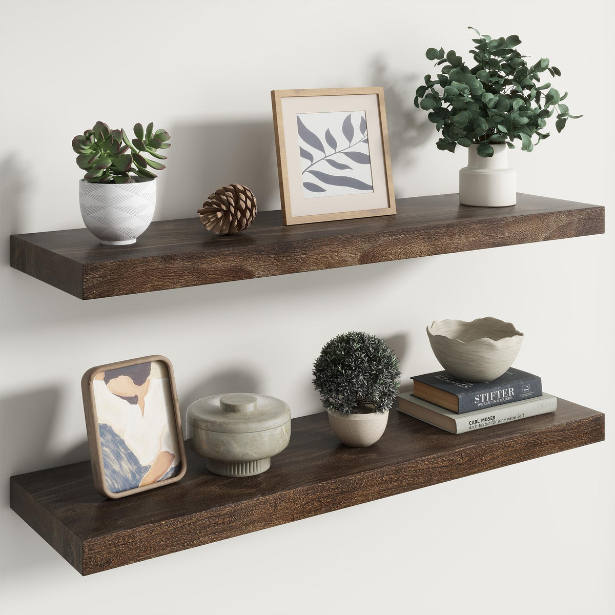 Live Edge Elm Floating Shelves - 24 In Rustic Solid Wood Shelves with Heavy-Duty Invisible Bracket, Wall-Mounted Wooden Shelf for Living Room, Bathroom, Kitchen Storage & Display, Set of 2, Natural