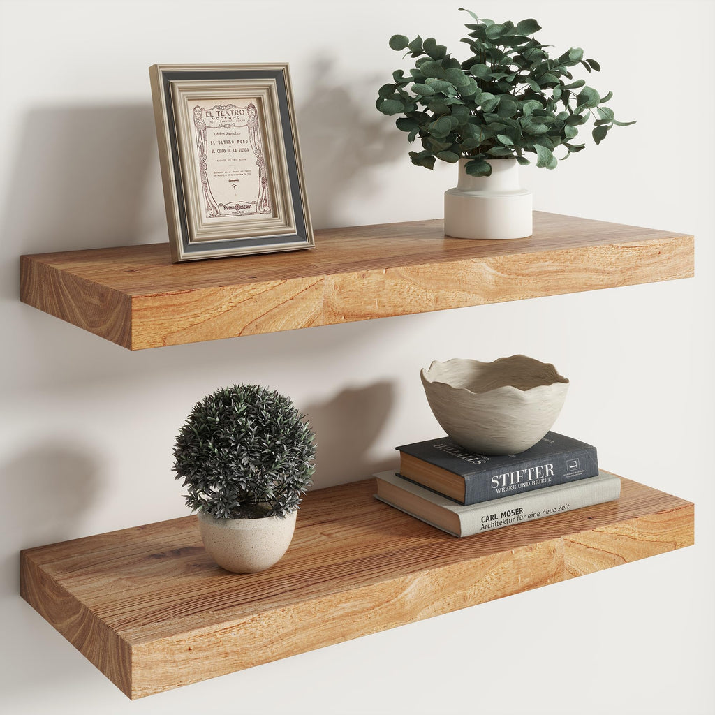 Live Edge Elm Floating Shelves - 24 In Rustic Solid Wood Shelves with Heavy-Duty Invisible Bracket, Wall-Mounted Wooden Shelf for Living Room, Bathroom, Kitchen Storage & Display, Set of 2, Natural
