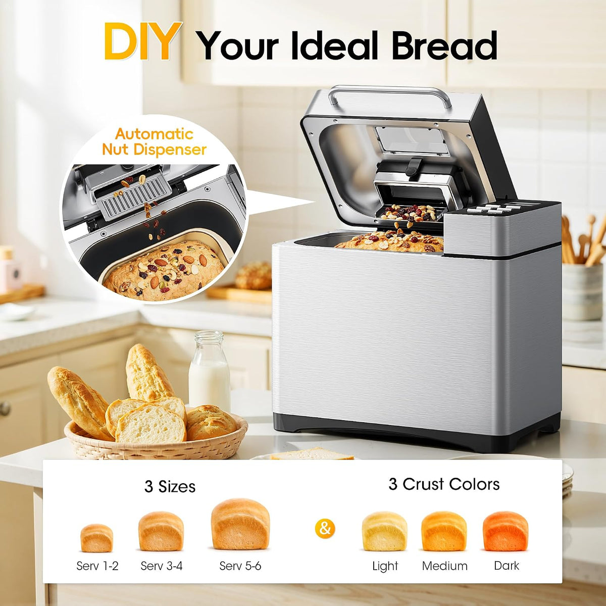 Manastin 19-in-1 Bread Maker, 2LB Bread Machine with Fruit and Nut Dispenser, Stainless Steel Housing, Nonstick Baking Pan, 2 Pound Bread Maker Machine, Ideal Kitchen Gift for Home Bakers