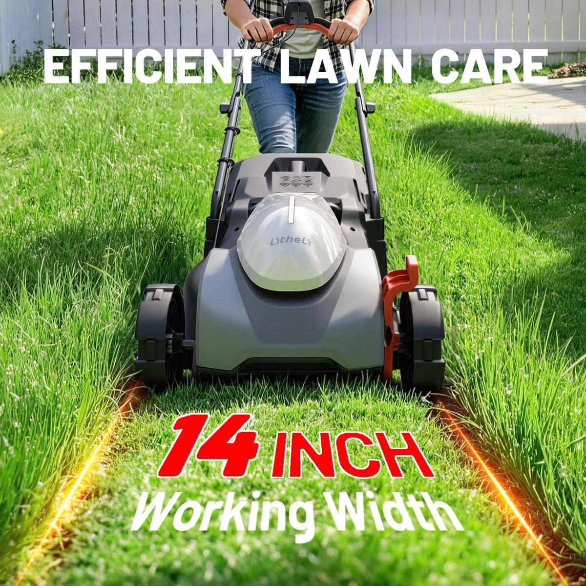 Litheli 14 Inch Cordless Lawn Mower, Lightweight Push Mower with 5.0Ah Battery and Smart Charger, Brushless Motor Lawnmower, 5-Position Height Adjustment (1-2.5 in) for up to 3000 Sq. Ft