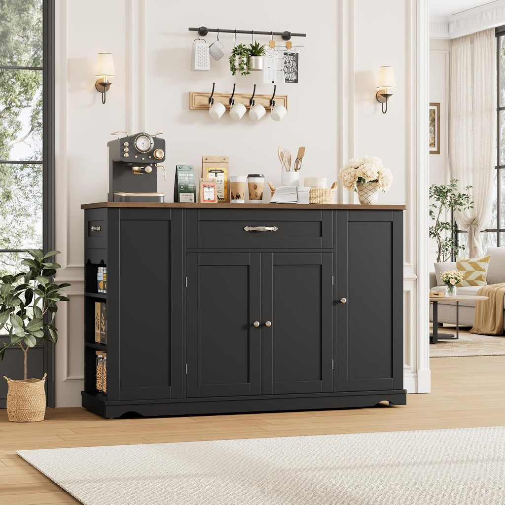 HOSTACK 47" W Kitchen Island Cart with Storage, Rolling Island Table, Black